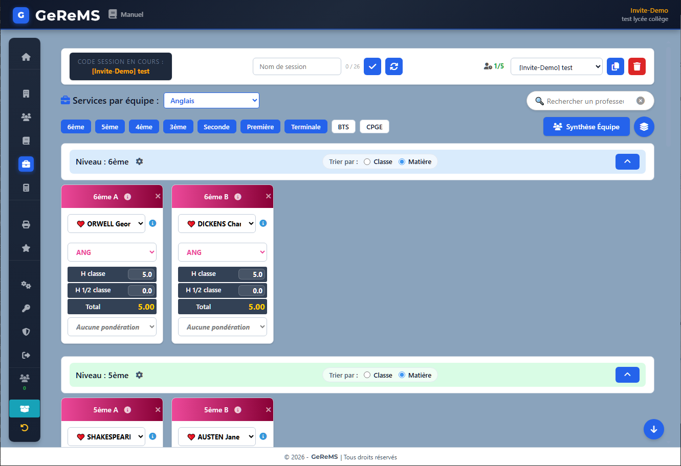 Interface Services par équipe